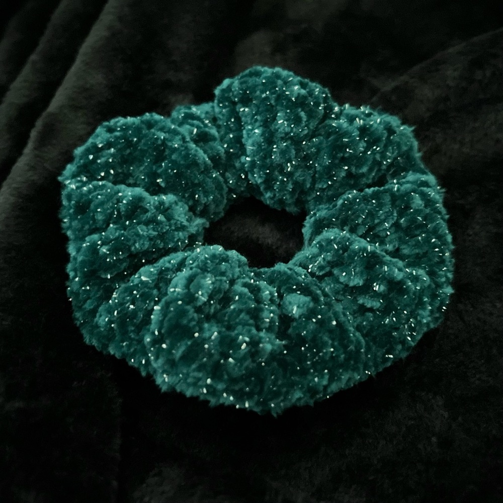 Handmade Medium Crochet Sparkle Velvet Scrunchie ‘Teal Green’